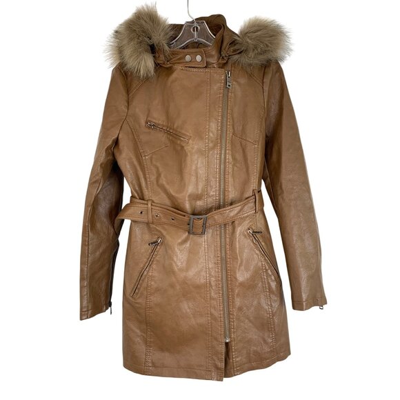 NWT LA Coalition Brown Faux Leather Coat Fox Fur Trim Hood Size S NWT RDD10672 - Picture 6 of 11
